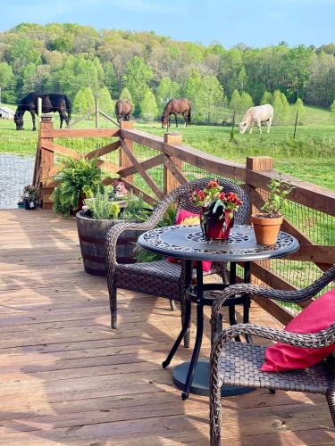 蓝岭The Dogwood Inn的庭院配有桌椅,马匹在田野里