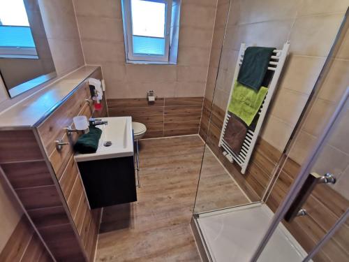 La petite salle de bains est pourvue d'un lavabo et d'un miroir. dans l'établissement Speedys Bed & Breakfast, à Reimerath