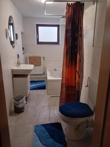 a bathroom with a toilet and a sink at Ferienwohnung Jestel in Einbeck
