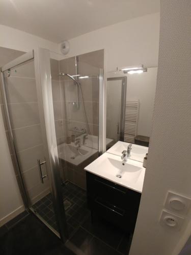 une salle de bain avec une douche, un lavabo et une baignoire dans l'établissement Studio Port des Minimes, à La Rochelle
