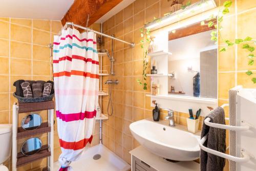 une salle de bain avec un rideau de douche et un lavabo dans l'établissement Rayonnante maison Mont Ventoux, à Villes-sur-Auzon