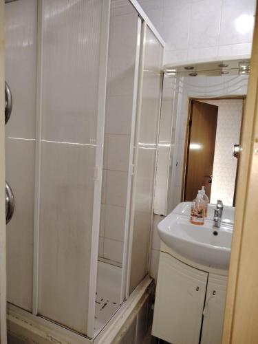 La salle de bains est pourvue d'un lavabo et d'une douche. dans l'établissement 1ком кв центр вокзал, à Uralsk