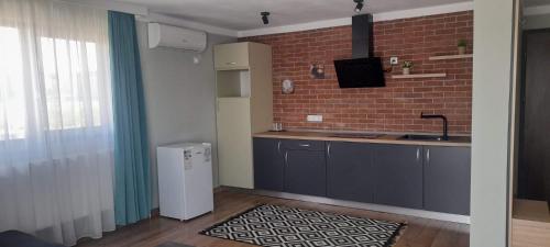 a kitchen with a sink and a brick wall at Pensiunea Abimar in Beclean