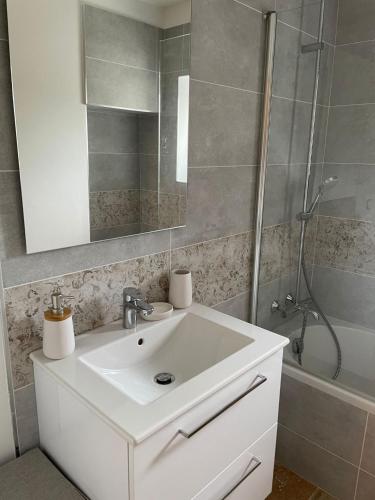 une salle de bain avec un lavabo blanc et une douche dans l'établissement Les gites at Domaine les Caizergues, à Brissac