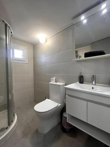 a white bathroom with a toilet and a sink at Top floor Flat in Nicosia 2 in Nicosia