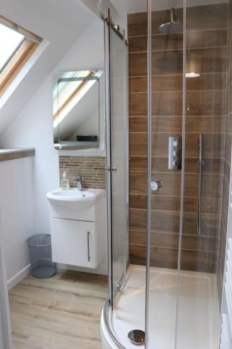 une salle de bain avec une douche, des toilettes et un lavabo dans l'établissement 18th century Gite in spacious Private Grounds, à Notre-Dame-de-Cenilly