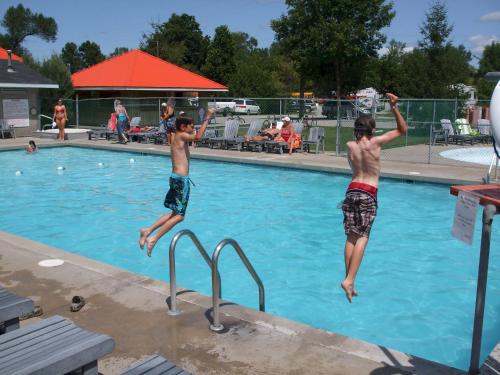 dos jóvenes saltando a una piscina en 3 Bedroom Waterfront Cottage 13, en Roseneath