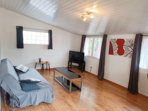 un salon avec un canapé et une table dans l'établissement 54m2 lumineux avec terrasse au cœur des Minimes métro, à Toulouse