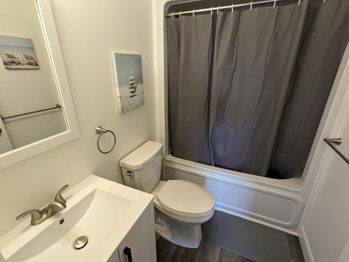 a bathroom with a toilet and a sink and a shower at Newly Renovated 3 Bedroom Beach Front Condo 3B in Lanark