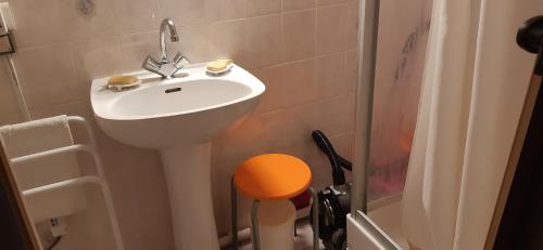 une salle de bain avec un lavabo blanc et une douche dans l'établissement LE SELECT- BALAINE, à Néris-les-Bains