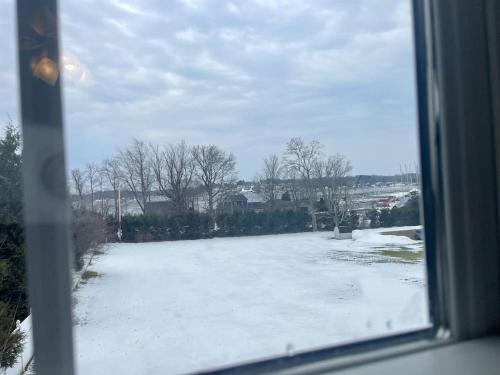 a window view of a yard covered in snow at Bay View Condo 3 in Sodus Point