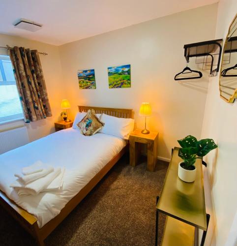 a bedroom with a bed and two lamps and a plant at Westwood Drive in Treharris