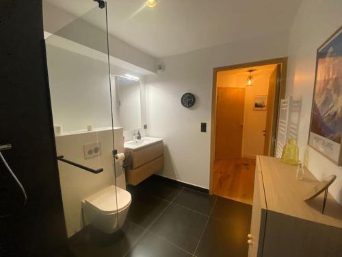 une salle de bain avec toilettes et lavabo dans l'établissement Appartement T2 de Standing Neuf 6-8 personnes avec Balcon et Jardinet au Pied des Pistes à Combloux, à Combloux