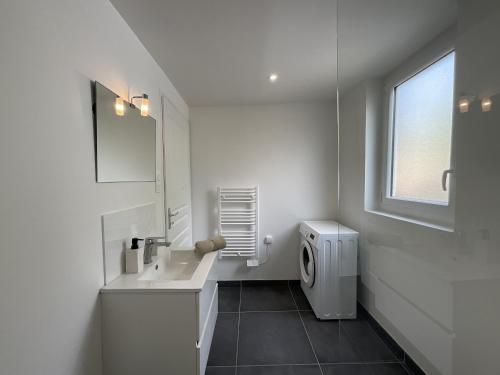 a white bathroom with a sink and a washing machine at La Dame - Centre - Moderne - 2 pers in Le Mans