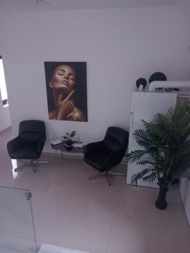 a waiting room with chairs and a picture of a woman at Izabella Guest House in Săcele