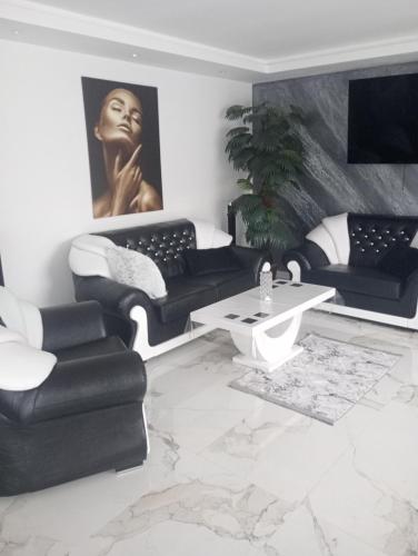 a living room with black and white furniture and a tv at Izabella Guest House in Săcele