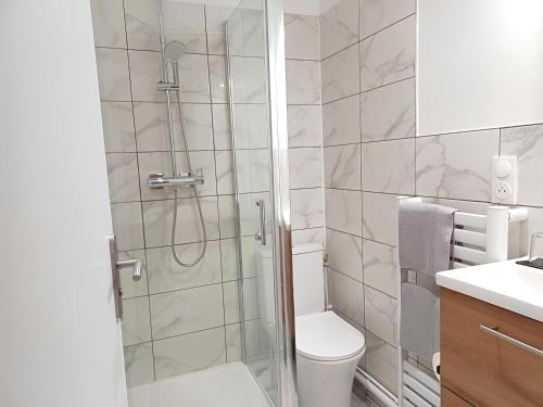 une salle de bain avec douche et toilettes dans l'établissement Pause amiénoise - Proche centre ville - wifi Fibre, à Amiens