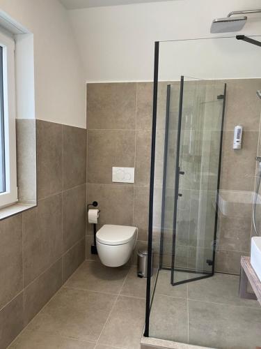 a bathroom with a toilet and a glass shower at Casa Estella in Rust