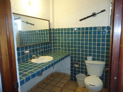 Villa Las Garzas في اكستابا: حمام من البلاط الأزرق مع مرحاض ومغسلة