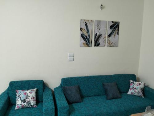 sala de estar con sofá verde y 2 almohadas en شقه رائعه بأفضل اطلاله, en Luxor