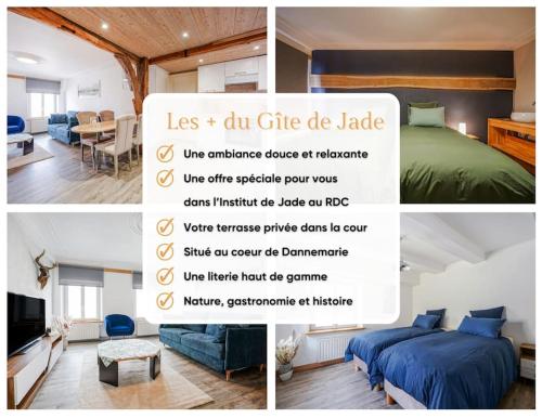 kolaż czterech zdjęć pokoju z łóżkiem w obiekcie Le Gîte de Jade w mieście Dannemarie