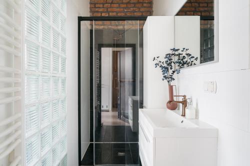 La salle de bains est pourvue d'un lavabo blanc et d'un miroir. dans l'établissement Rotunda Apartment by LoftAffair, à Cracovie