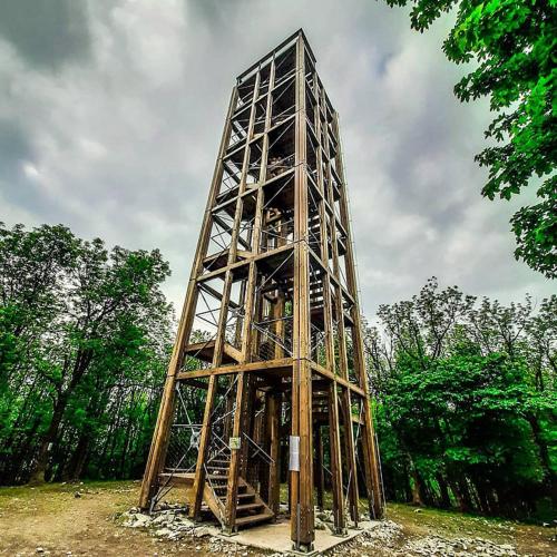 a tall wooden structure in a field with trees at Chalet Robinson in Modra
