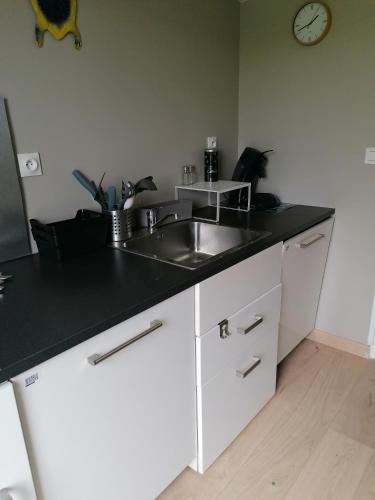 une cuisine avec un évier et un plan de travail noir dans l'établissement Tianaina Navette possible, à Marly-la-Ville