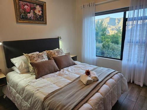 a bedroom with a large bed with a large window at Oorlogs Kloof Mountain Retreat Montagu in Montagu