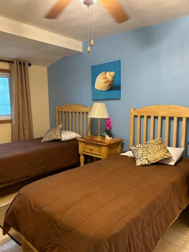 2 camas en una habitación con paredes azules en Treasures of Andros, en Love Hill