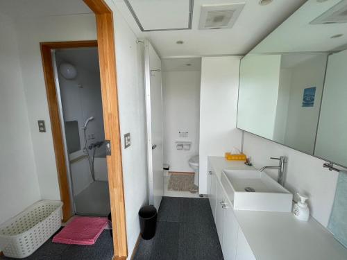 y baño con lavabo, aseo y espejo. en guest house Active Life -YADO- en Ishinomaki