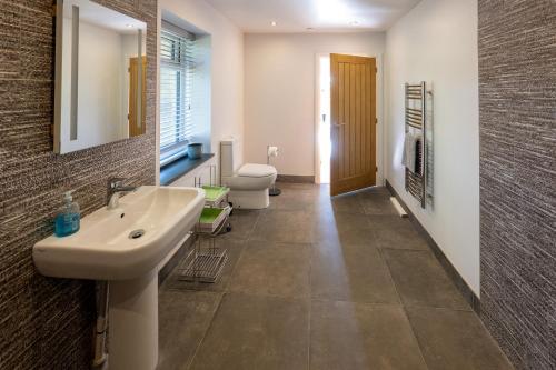 een badkamer met een wastafel en 2 toiletten. bij 'Sgubor in Menai Bridge