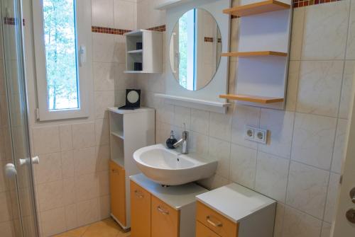 La salle de bains est pourvue d'un lavabo et d'un miroir. dans l'établissement Pension Traumfänger, à Friedland