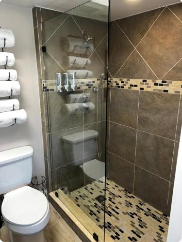 a bathroom with a shower with a toilet and towels at Luxe Waterfront home near beach in Fort Myers