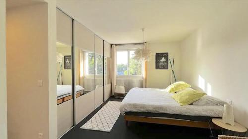 a bedroom with a bed and a large mirror at Maison entre lac et montagnes in Quintal