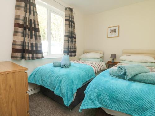 a bedroom with two beds with blue sheets and a window at Honeycombe Lodge in Callington