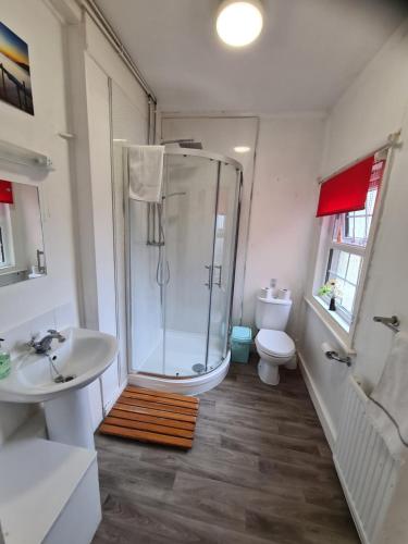 ein Bad mit einer Dusche, einem Waschbecken und einem WC in der Unterkunft Beachdene Guest House in Skegness
