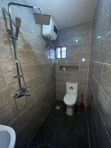 a bathroom with a toilet and a shower and a sink at Studio Room Apartment in Port Harcourt