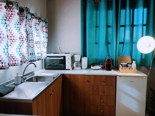 a kitchen with a sink and a microwave at Garden's House in Spáta