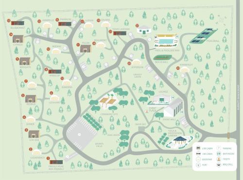mapa parku z domami i drzewami w obiekcie The Cedars Ranch w mieście Wimberley