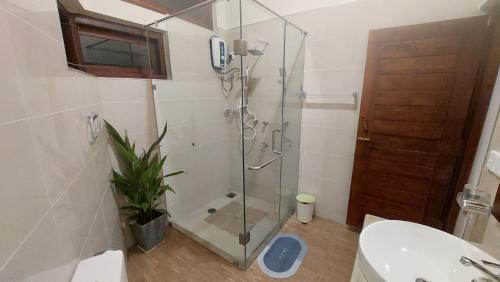 a bathroom with a shower and a toilet and a sink at The Dream Inn Guesthouse Passikudah in Batticaloa