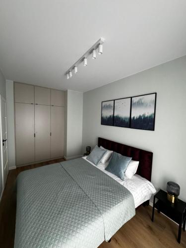 ein Schlafzimmer mit einem großen Bett mit weißen Wänden in der Unterkunft Boho Apartments in Łódź