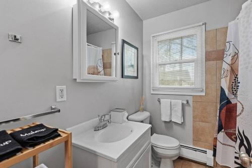 a white bathroom with a sink and a toilet at Tranquil 2BR Apt Mpls - 8075 Apt 3 in Minneapolis