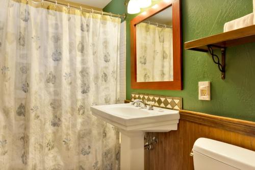 a bathroom with a sink and a shower curtain at Oriole cottage #621 in Big Bear Lake