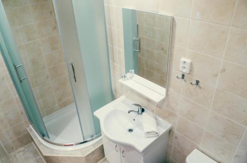 La salle de bains est pourvue d'un lavabo et d'une douche avec un miroir. dans l'établissement Sokolovna, à Karviná
