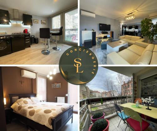 a collage of photos of a living room and a bedroom at Appartement très proche centre LYON, 4 personnes in Caluire-et-Cuire