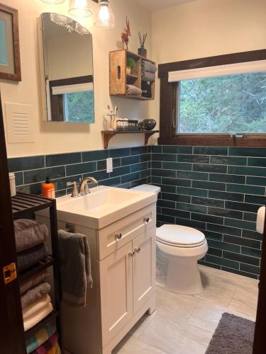 uma casa de banho com um lavatório e um WC em Storybook Lake Front Villa with Private Beach! em Winchester