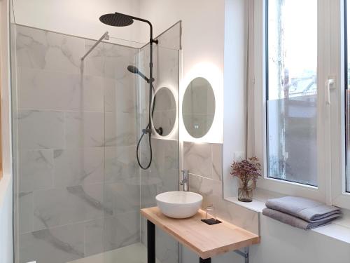 une salle de bain avec une douche en verre avec un lavabo dans l'établissement L'escapade - 1 lit et 1 couchage d'appoint - Proche centre ville, à Amiens