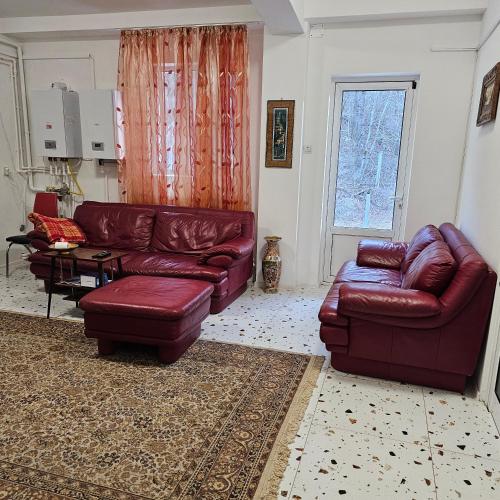 a living room with red leather furniture and a window at Club Biliard in Bicaz