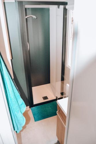 une salle de bain avec une douche avec un lavabo et un miroir dans l'établissement Bungalow - Camping de la plage, à Mimizan